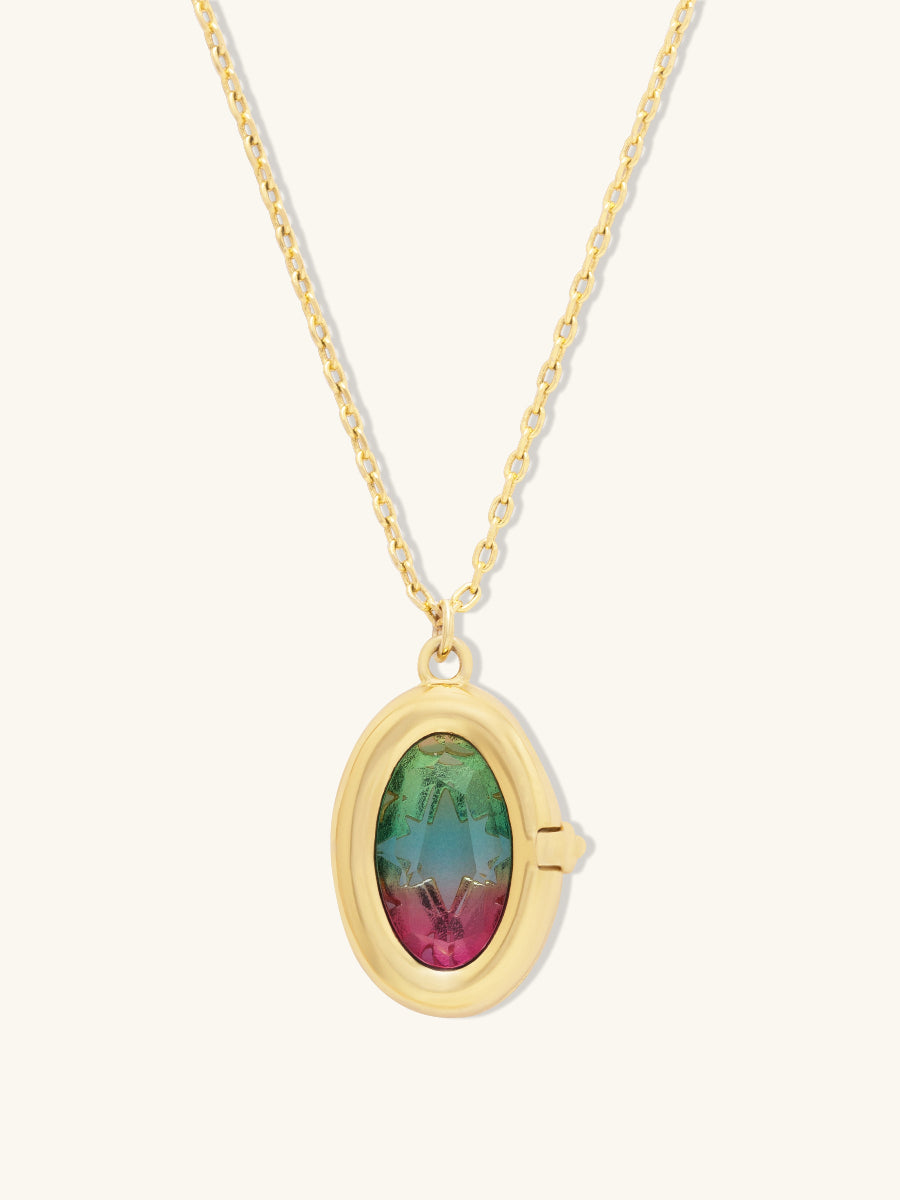 Aura Ombre Locket Necklace | Fuchsia/Turquoise Glass | 14K Gold Plated Brass