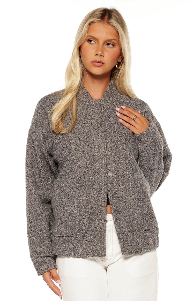 Warren Boucle Button Up Bomber Jacket | Grey