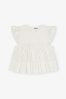 White Stretch Cotton Frill Sleeve Top | Egret