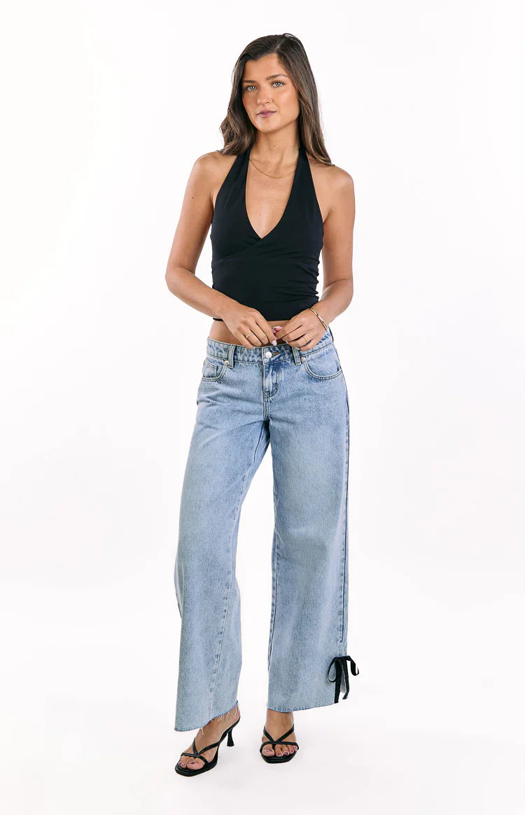 Willabelle Denim Bow Hem Low Rise Jeans | Light Wash
