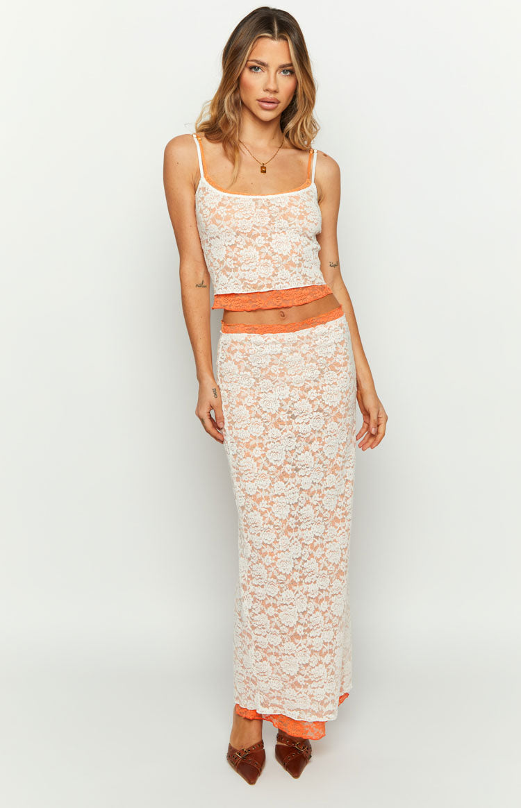 Willow Contrast Lace Midi Skirt | Orange