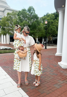 Women | Amalfi Lemon Print Linen Mom Dress | White x Green x Yellow