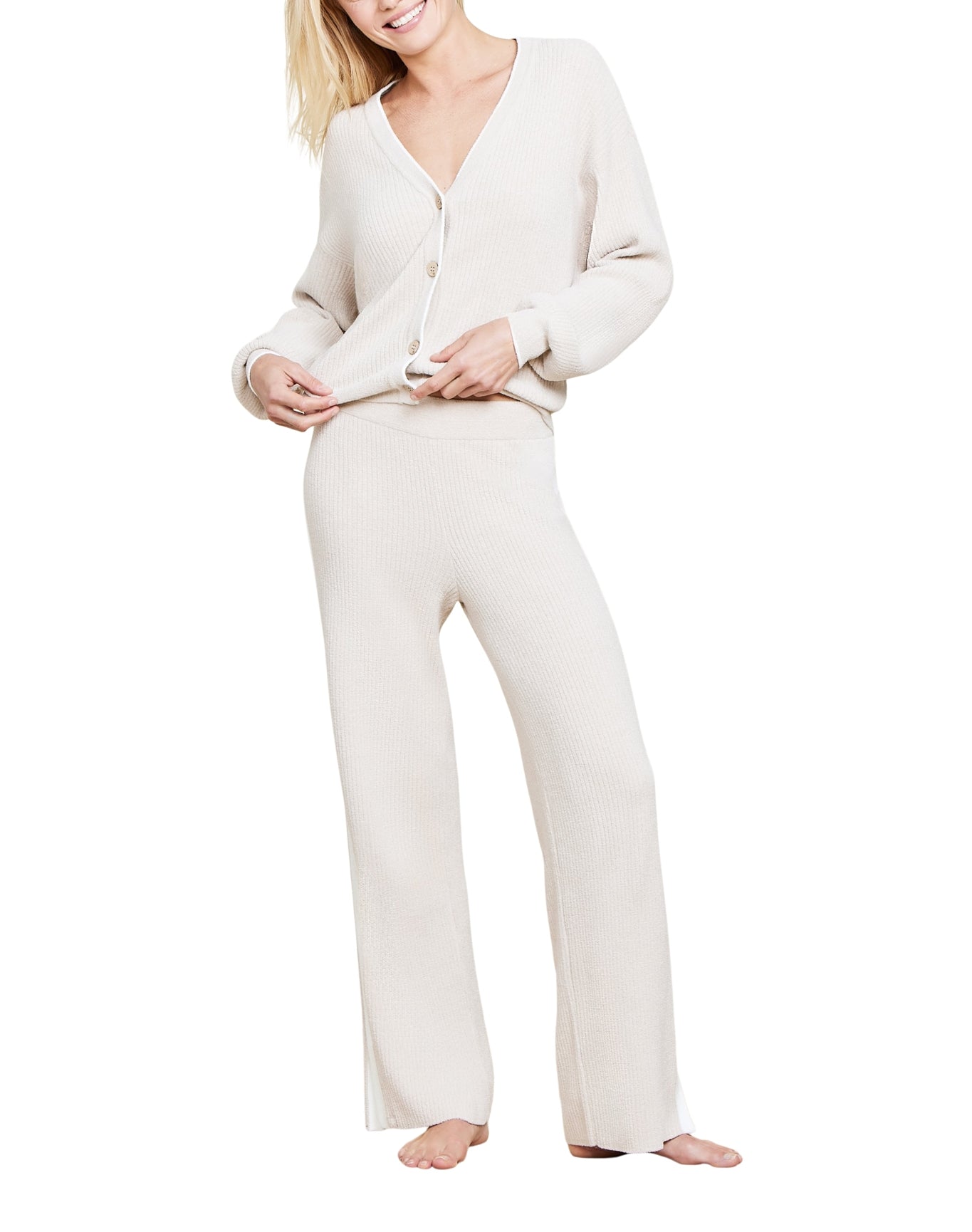 Women | Cozychic Ultra Lite Contrast Ribbed Slit Pant | Stone-Pearl