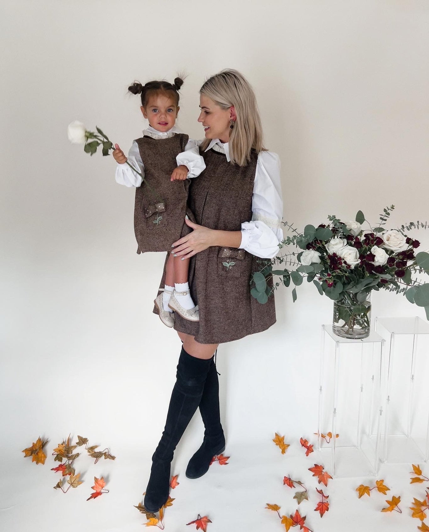 Women | Herringbone Tweed Mom Dress | Brown x White