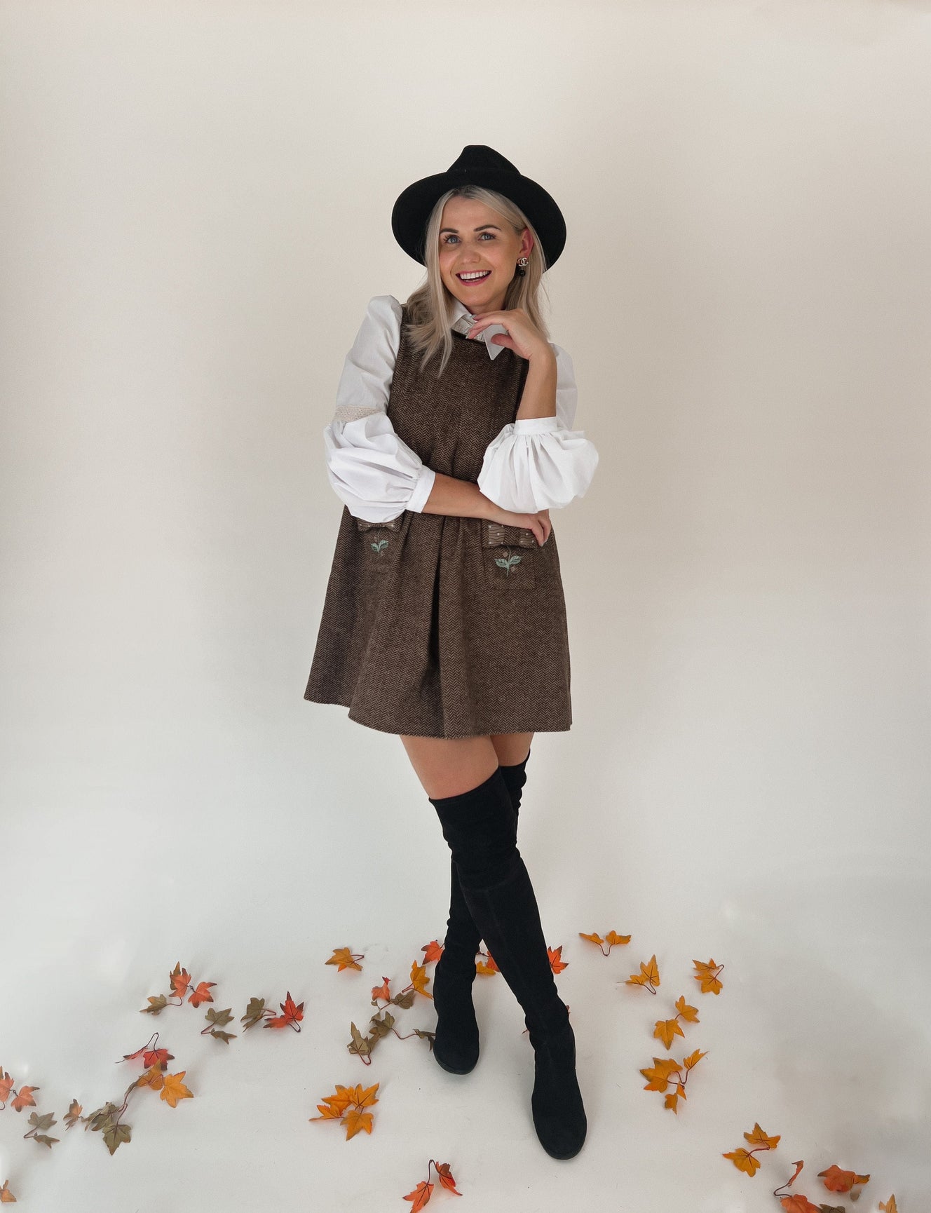 Women | Herringbone Tweed Mom Dress | Brown x White