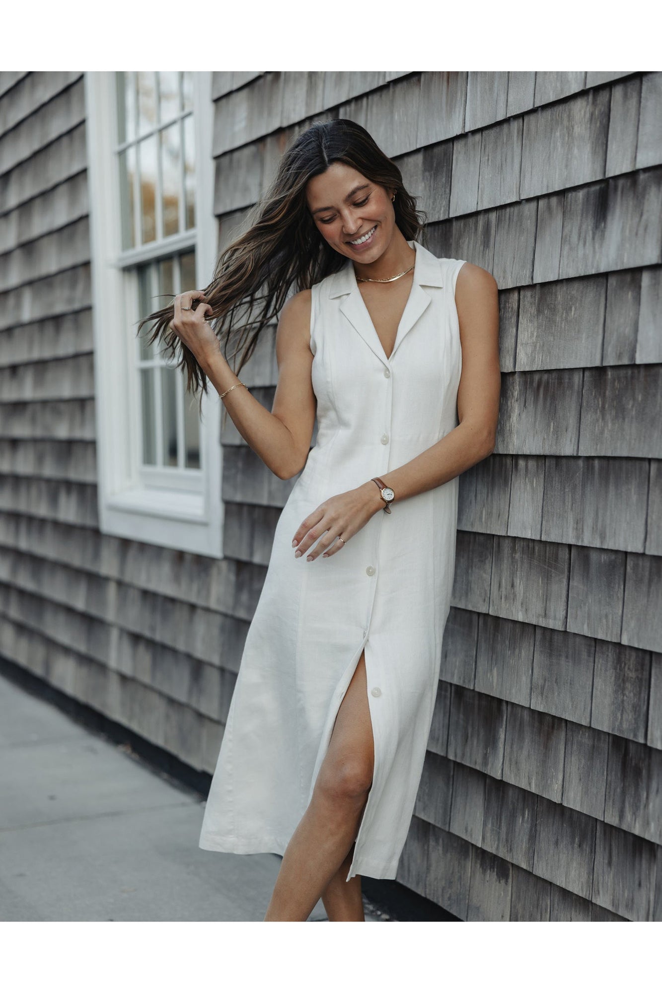 Women | Leukos Linen-Blend Lapel Dress | Ivory
