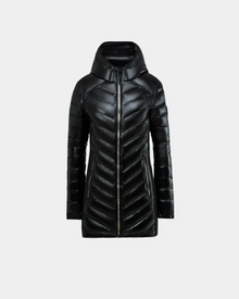 The Rudsak COSETTE C - L124011 Black is a long, black puffer jacket with a hood, glossy fabric, chevron stitching, and a front zipper, shown against a plain light gray background.