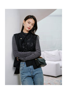Wool Embroidered Stand Collar Vest | Black