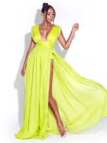 Valley Of Angels Chiffon Pleated High Slit Maxi Dress | Lime