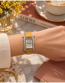 Yellow Diamond Rectangular Watch Genuine Leather Band | White