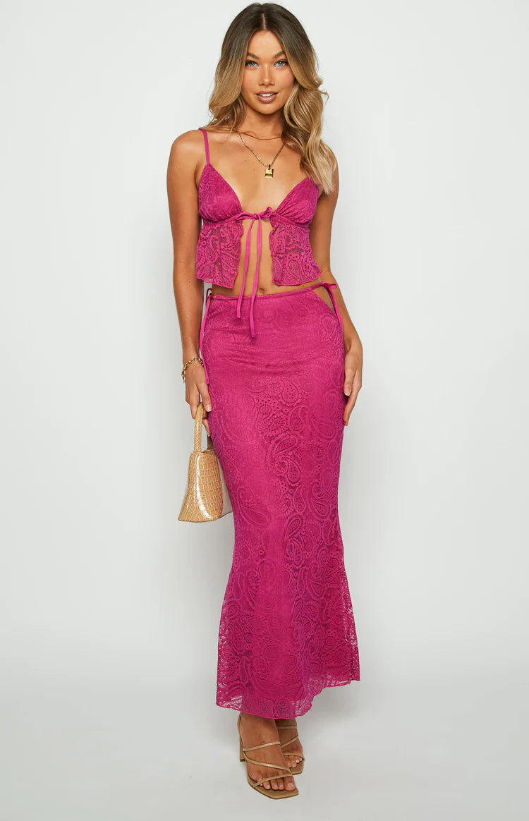 Alexia Lace Tie Up Front Top | Fuschia