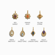 Seven gold pendants featuring an array of gemstones—red garnet, orange onyx, yellow citrine, green amethyst, blue Swiss topaz, indigo London topaz, and violet amethyst—arranged in two rows. Ideal for the Chakra Pendant set or to enhance your Awe Inspired Invisible Aura Charm Bracelet.