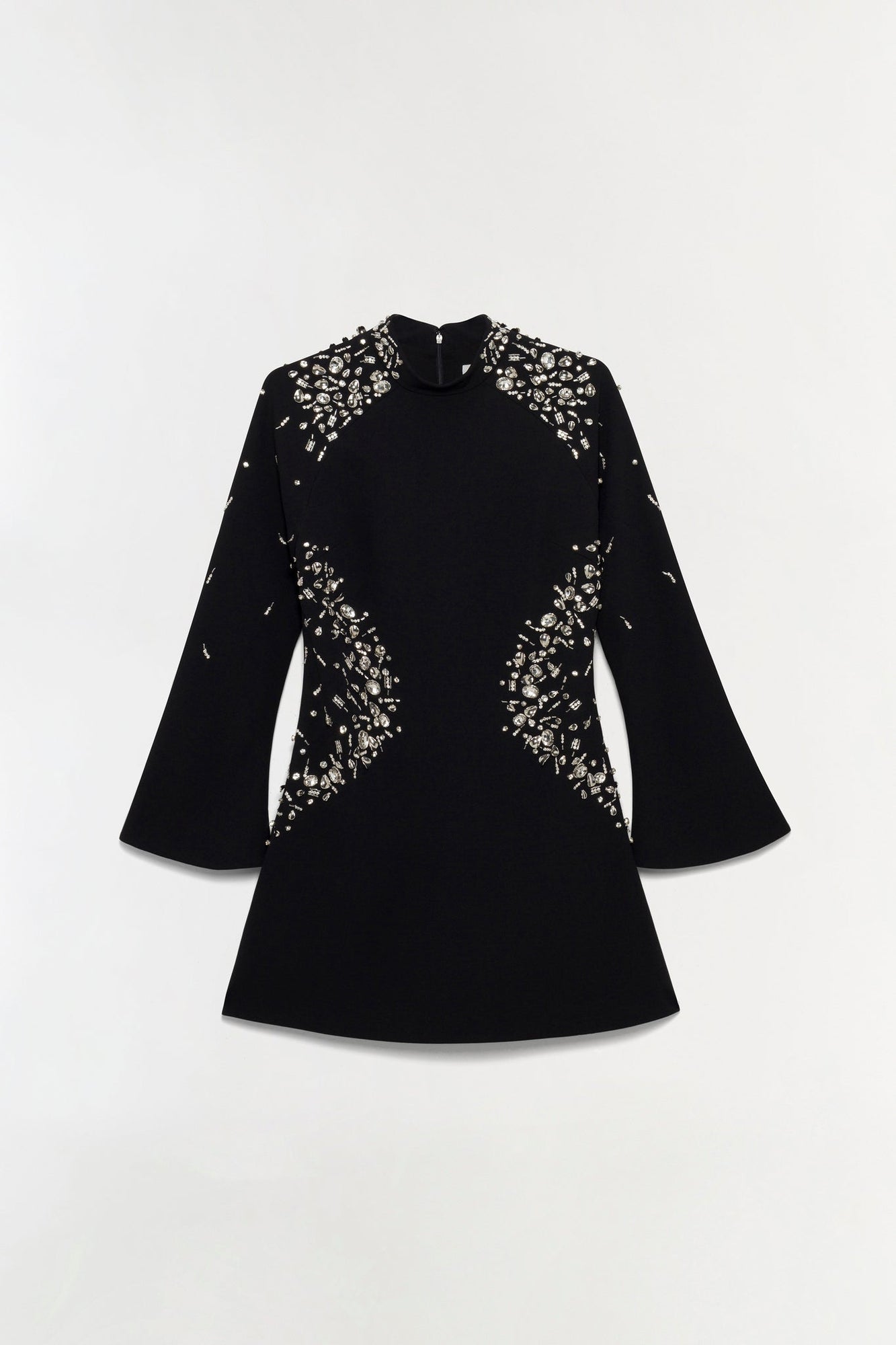 Black mini dress with crystal embellishments on shoulders and sides, flared three-quarter sleeves, and crew neckline.