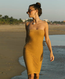 Copper Tessa Dress with macramÃ© netting and gold lurex detailing.