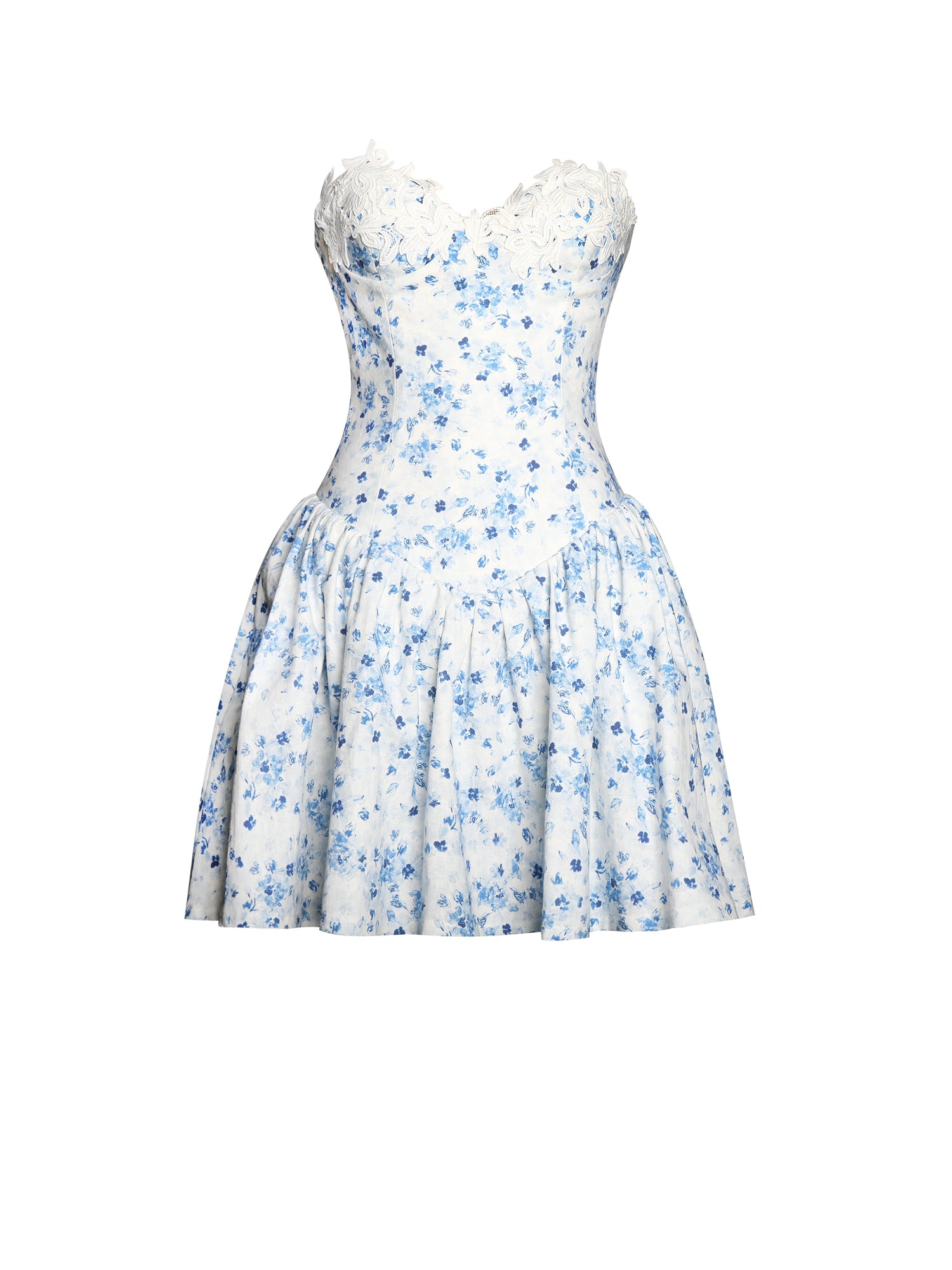 Taleah Floral Print Linen Mini Dress with Lace Trim | Blue