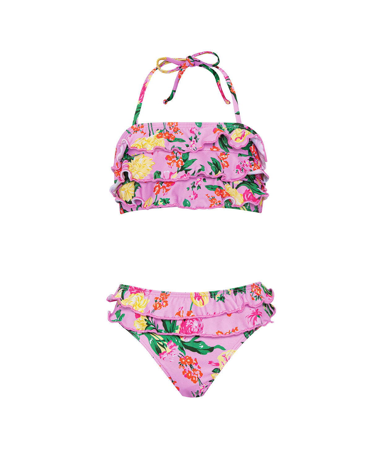 Kids Dahlia Ruffle Bikini — pink floral two-piece swimsuit with bold ruffles and adjustable neck ties.