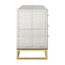 delphine six-drawer dresser antiqued mirror brass base - open front view