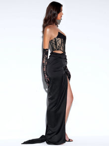 Callie Lace Satin Corset High Slit Gown | Black