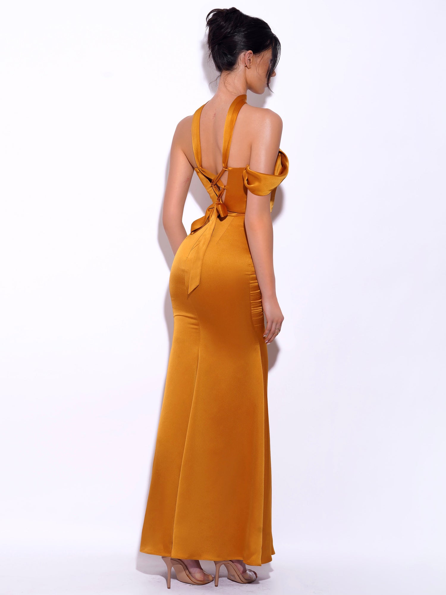Ivona Halter Neck Double Duchess Satin Gown | Gold
