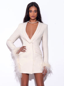 Madeline Feather Trim Blazer Dress | Pearl White