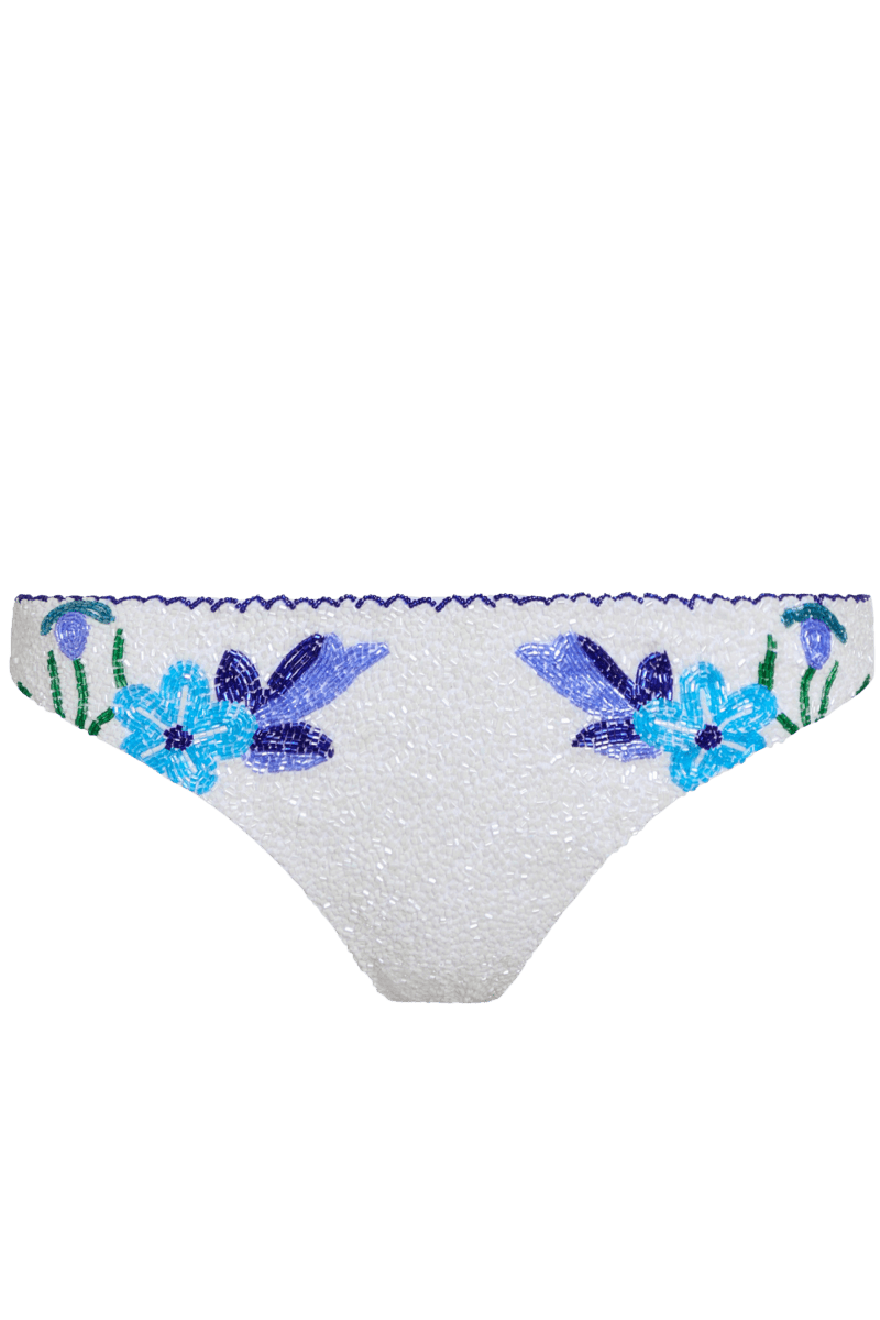 Euro Summer Hand-Beaded Embellished Bikini Bottom - White/Blue - Self-Adore