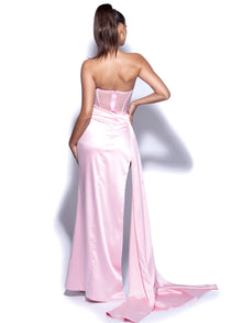 Holly Crystallized Corset High Slit Satin Gown | Pink