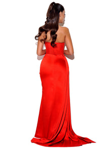 Holly Crystallized Corset High Slit Satin Gown | Red