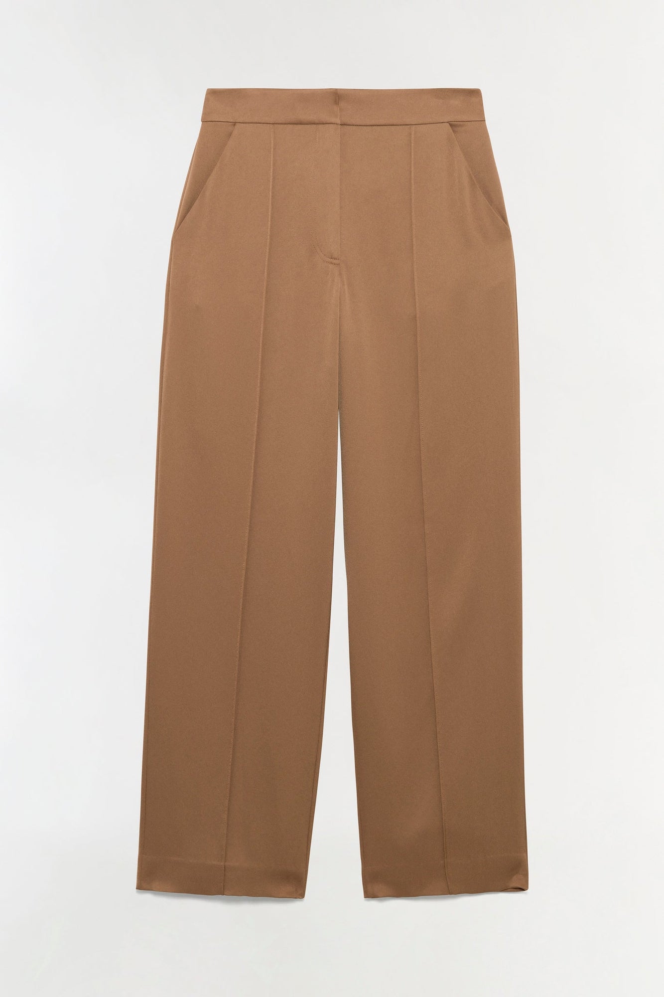 Camel satin wide-leg pants with pleated front and flat waistband on neutral background.