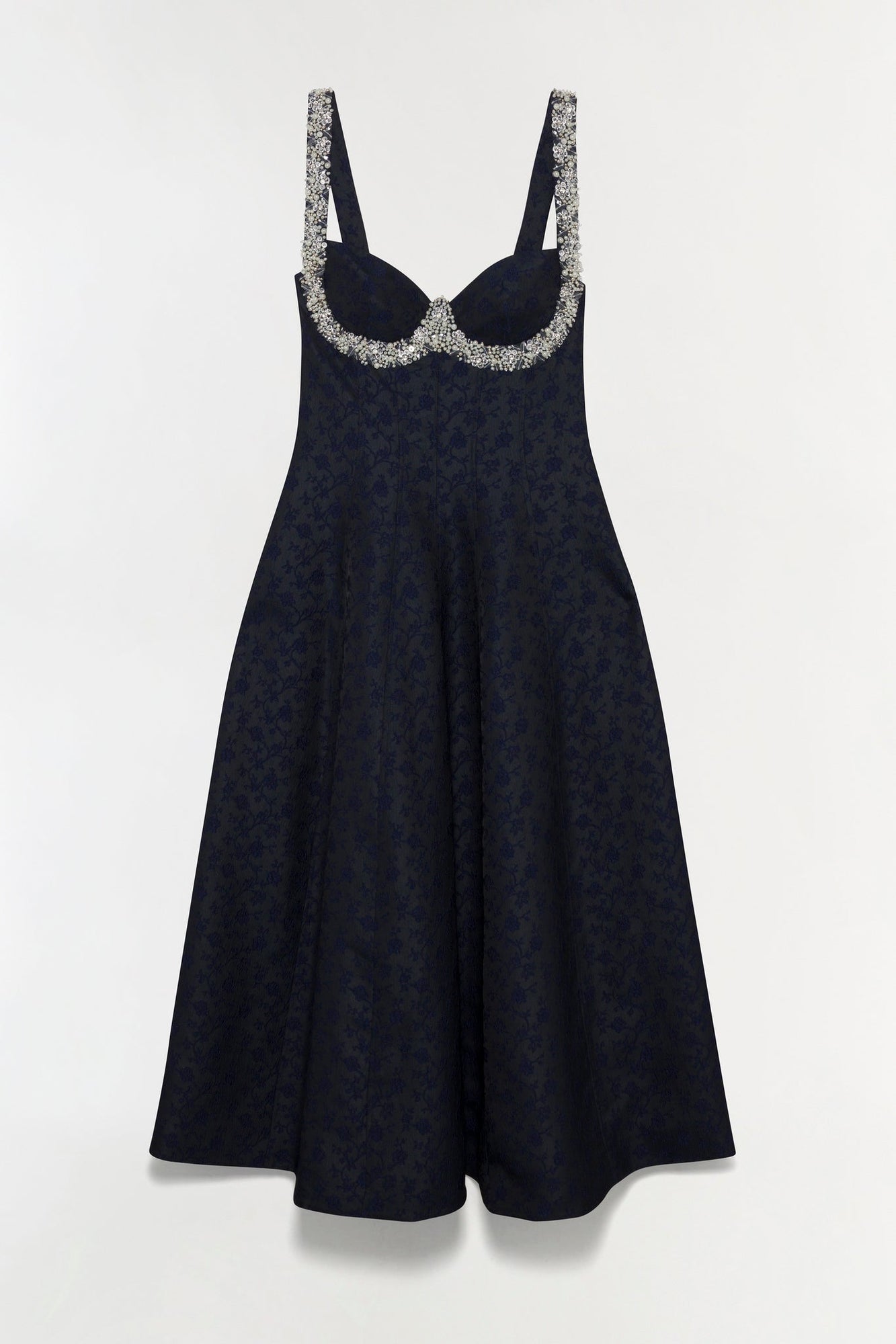 Navy jacquard midi dress with sweetheart neckline, rhinestone-embellished collar, and full A-line skirt.