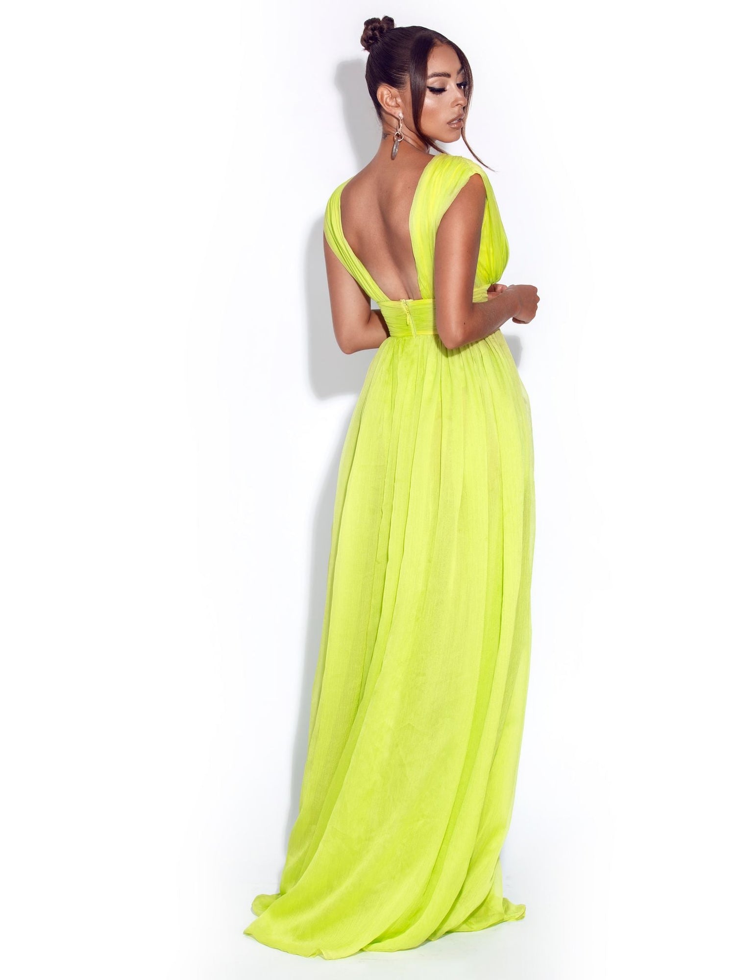 Valley Of Angels Chiffon Pleated High Slit Maxi Dress | Lime