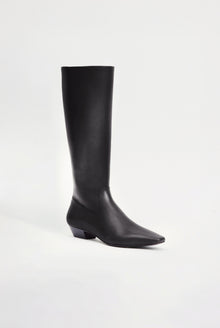 Black leather knee-high riding boot with pointed toe and low block heel.