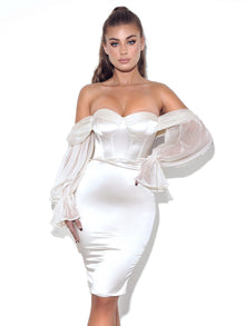Lydia Satin Off Shoulder Puff Sleeve Dress | Pearl White