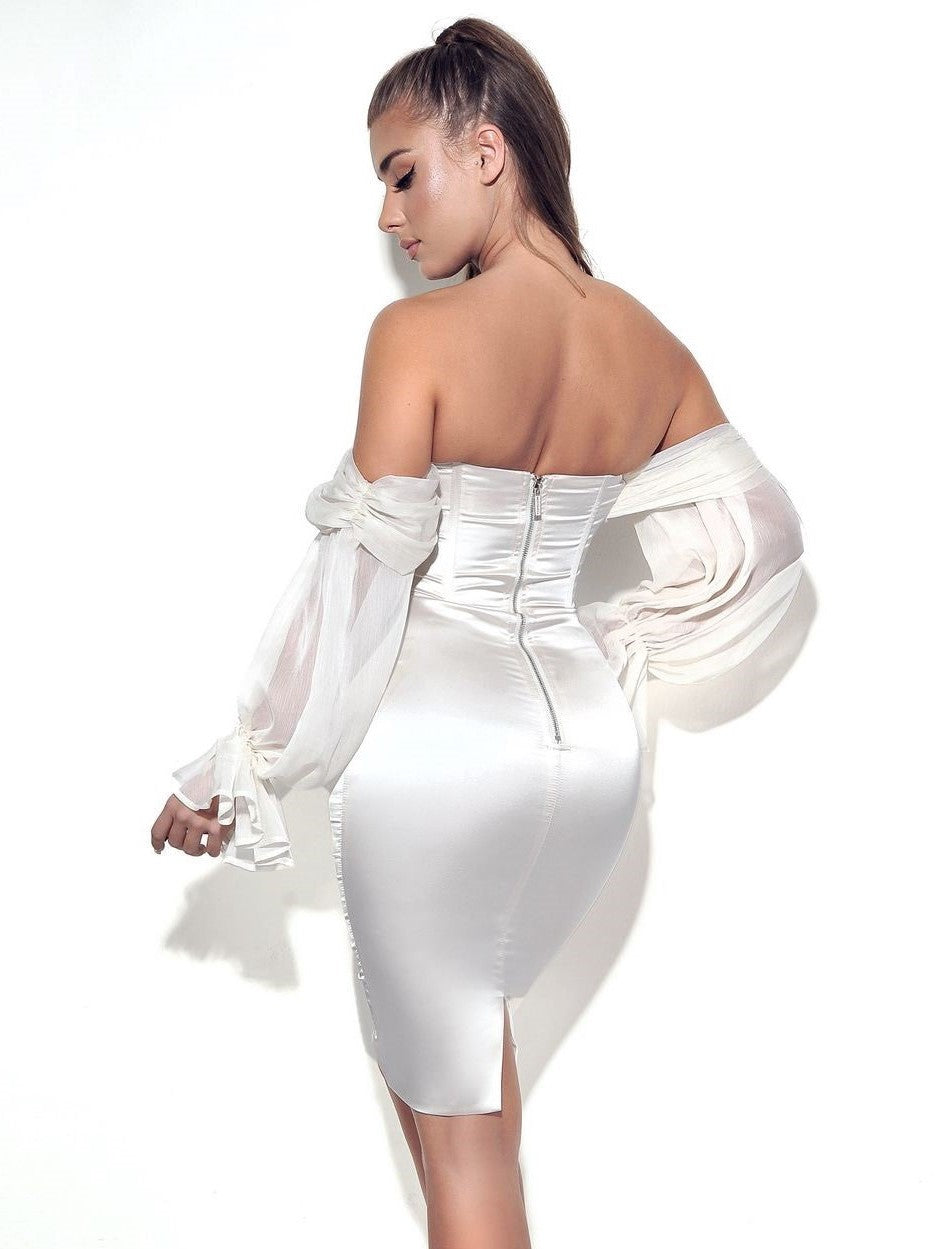 Lydia Satin Off Shoulder Puff Sleeve Dress | Pearl White