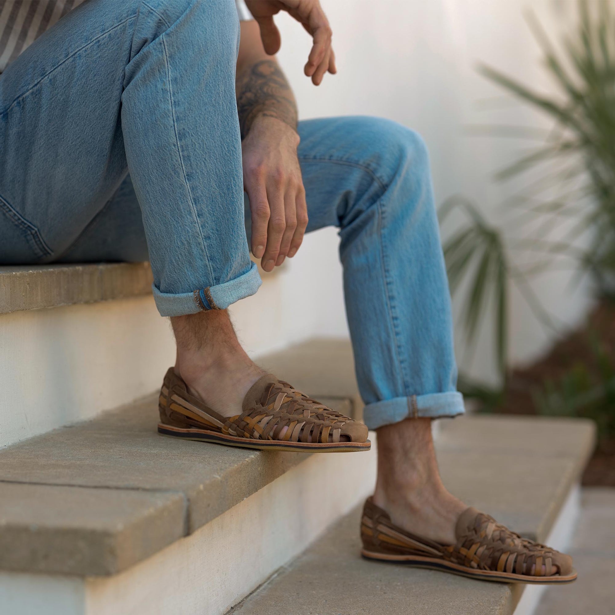 Image 1 of the Men's Huarache Sandal Tobacco Colorblock Men's Leather Slip On Nisolo