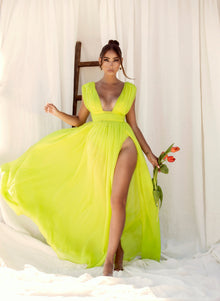 Valley Of Angels Chiffon Pleated High Slit Maxi Dress | Lime