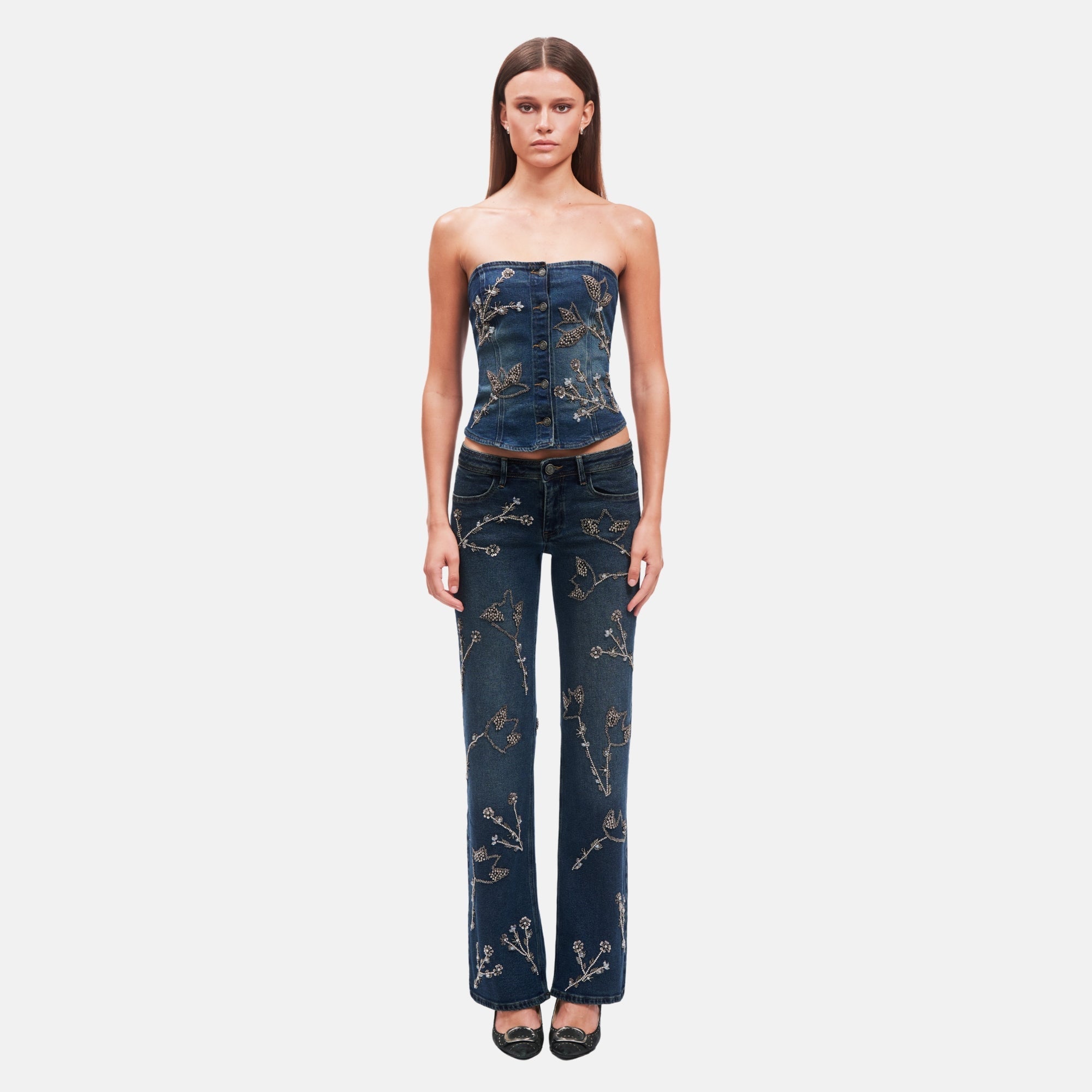 OW Collection NOVA Embellished Denim Top Top 205 - Dark Wash Denim
