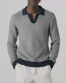 Horton Tailored Fit Long-Sleeve Dual-Tone Knit Polo Shirt | Night Iris/White Sand