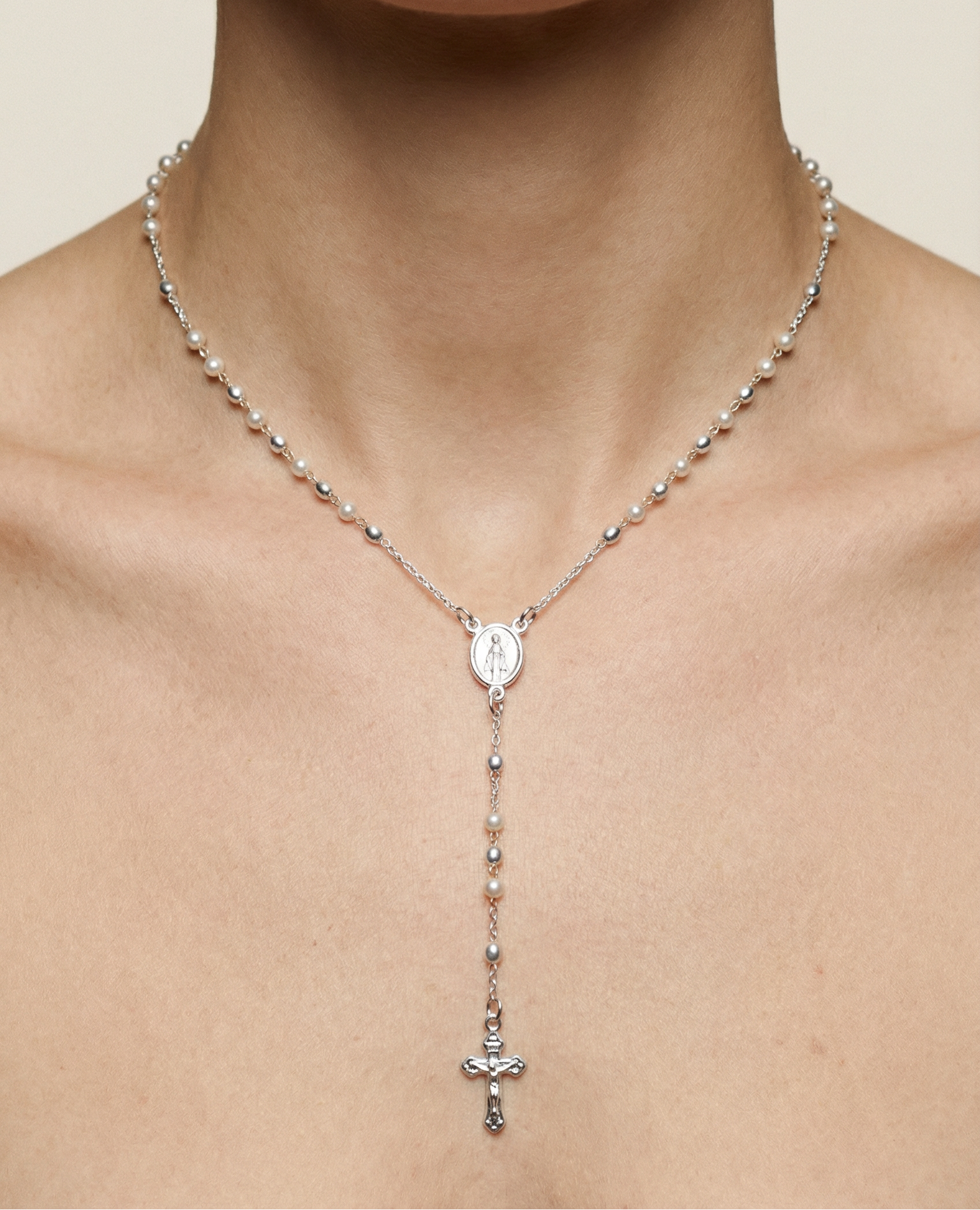 The Pearl Mary Rosary Cross Necklace | Silver