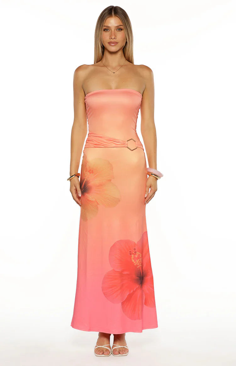Summa Ombre Hibiscus Strapless Maxi Dress | Pink