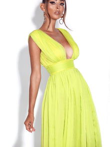 Valley Of Angels Chiffon Pleated High Slit Maxi Dress | Lime